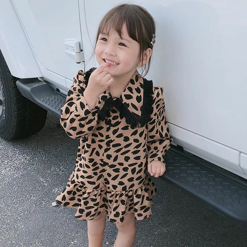 Spring Autumn Girl Dress Turn-collar Long-sleeved Lotus-leaf Leopard Print | Детская одежда и обувь