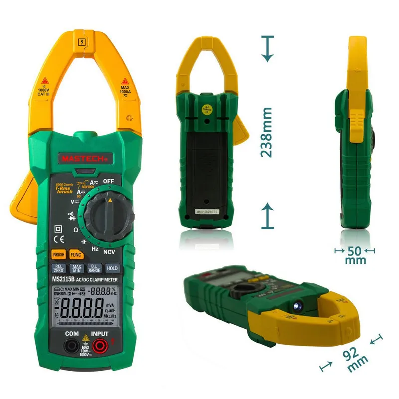 MASTECH MS2115B True RMS цифровой клещи мультиметр DC AC Напряжение Ток Ом Емкость Частота тестер с USB