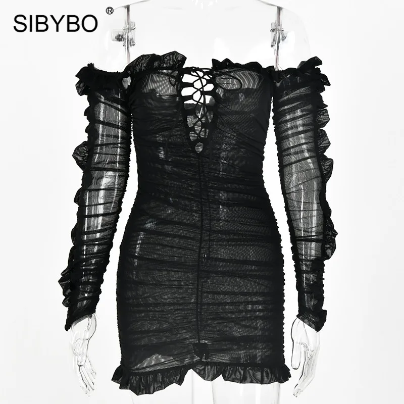 Черный SIBYBO на шнуровке без бретелек сетка сексуальное платье Для женщин с открытыми плечами с длинными рукавами мини-повязка черное платье с низким вырезом на спине, для ночного клуба, вечерние платья - Цвет: Черный