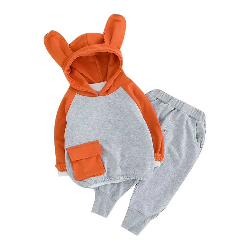 

Children Spring Autumn Color Matching Long Sleeve Rabbit Ears Sweater Hooded Casual Tops + Pants