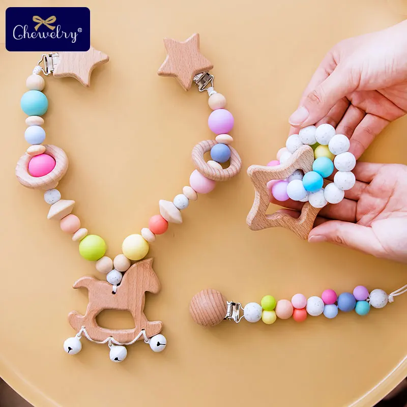 

3pc Wooden Teether Pacifier Clip Chain Baby Rattle Toys Play Gym Silicone Beads Beech Rodent Wood Animals DIY For Stroller Toys