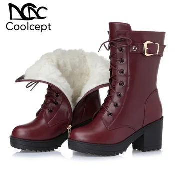 

CoolCept Winter Plush Women Mid Calf Boots Zipper Platform Thick Heels Shoes Genuine Leather Warm Women Footwear Size 35-41