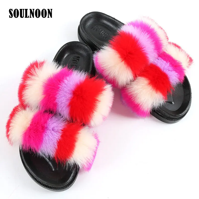 

Women's Fur Flip Flops Mixed-color Faux Fur Slides Comfort Soft Furry House Slippers Female Fluffy Cute Plush Sandals Home Shoes