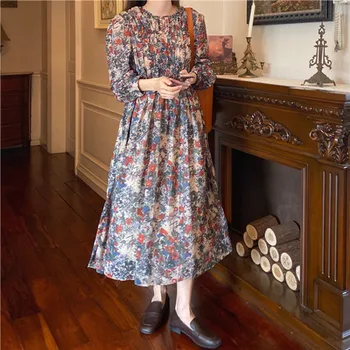 

YAMDI long sleeve woman korean spring summer elegant party a-line vintage 2020 dresses midi dress women print floral o neck lady