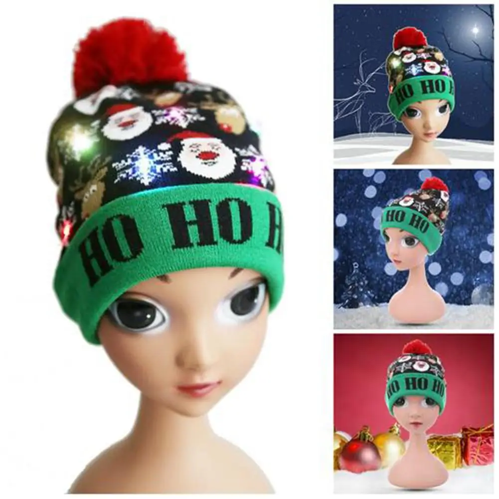 Светодиодный Рождественский вязаный головной убор для детей, женские красочные блестящие вязаные шапки Санта-Клауса, праздничный подарок, вечерние рождественские украшения, резиновые шапочки