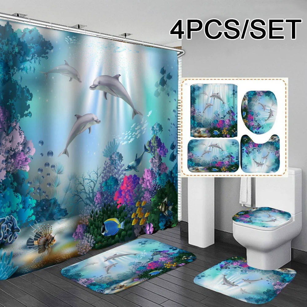 4Pcs/Set Shower Curtain Sets Dolphin Sea Non-Slip Rugs for Bathroom Tub Entry Washable Bath Set | Дом и сад