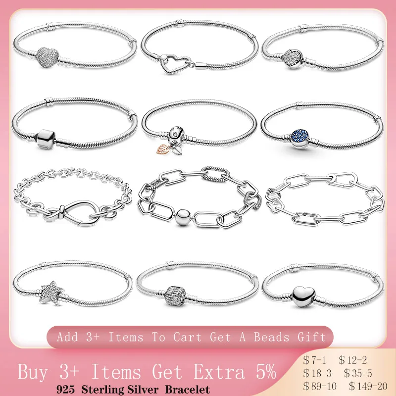 TOP SALE 925 Sterling SILVER Heart Snake Chain Fashion Bracelets For Women Fit Original Pandora Charm Beads Jewelry Gift