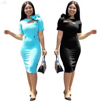 

Womens Dresses Spring Midi Dress O Neck Short Sleeve Mesh Dress Solid Knee Length Office Dress Lady Bow Bandage Bodycon Dress