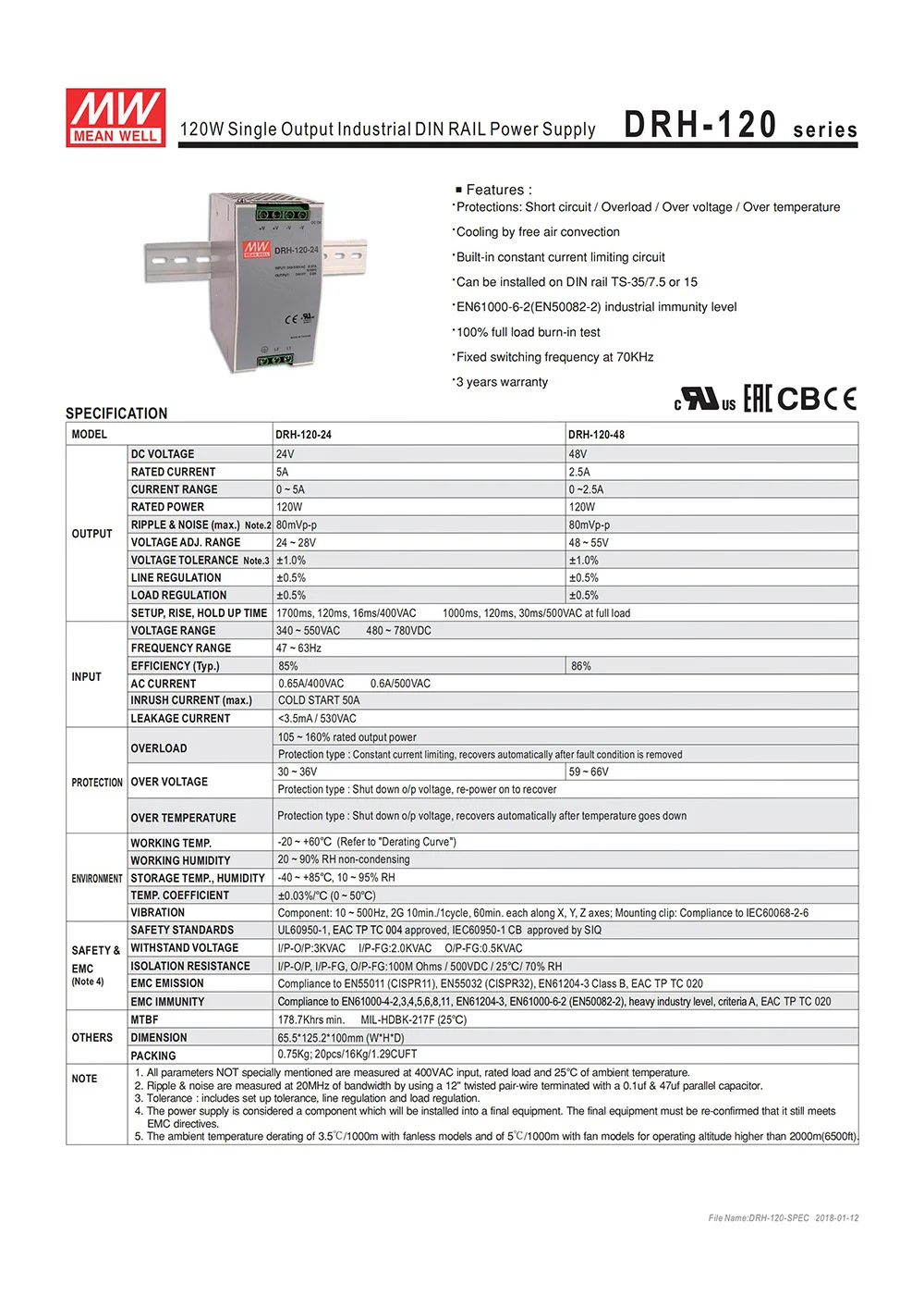 Бренд MEAN WELL представляет DRH-120-48 120W 48V din-рейку импульсный Питание 48В DC 2.5A Мощность блок 2-х фазный блок питания Трансформатор smps