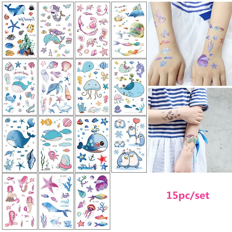 15 шт./компл. штаны с фальш-вставкой Стикеры Океан морской рыбы детская татуировка