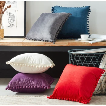 

Home decorative Square Pillowcases Lace With Balls Soft Velvet Bedroom Sofa Throw pillow Luxury Cushions Cover 45cm Pillow case