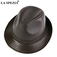 LA SPEZIA Men Fedora Hat Real Leather Sheepskin Dark Brown Jazz Hat Male Autumn Winter High Quality Men's Flat Top Cap