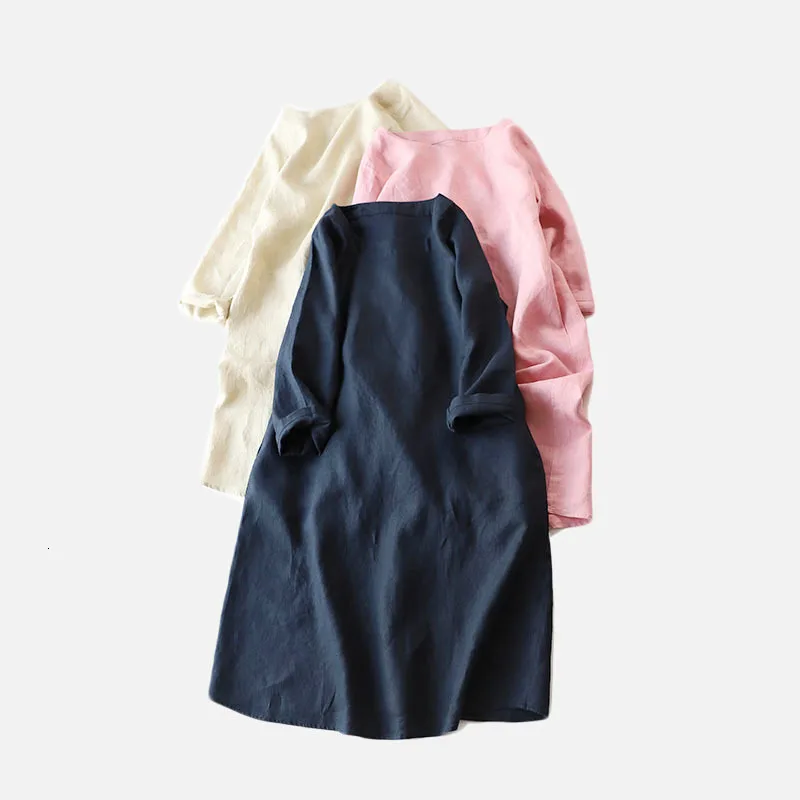 

Classic Wind Full Flax 7 Part Sleeve Dress Easy Comfortable A A-line Skirt Literature Suit-dress 9017