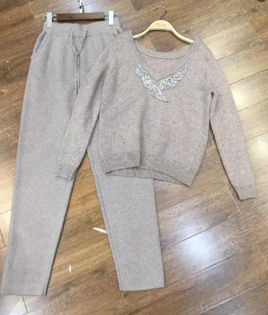 

Winter Minkcashmere Eagle Cystal Diamond V Neck Knit Sweater + Warm Woolen Pant Leisure Women 2 Pieces Set Suit