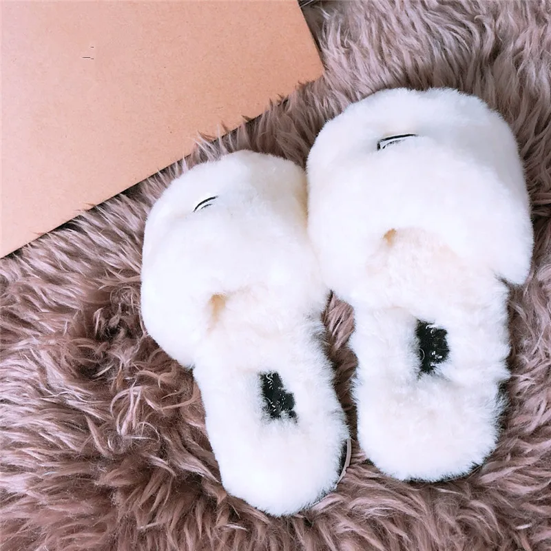 Brand Women Winter Fur Slippers Lady Fashion Sheep Leather Shoes