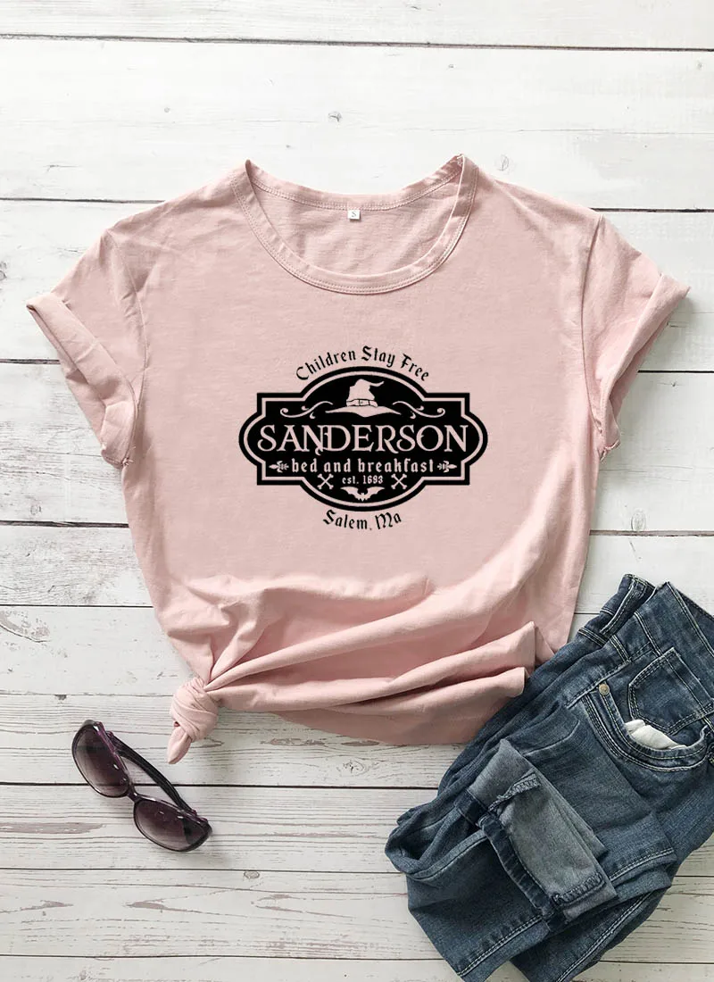 peach-black text Sanderson sister с графическим принтом, Новое поступление, женская летняя забавная Повседневная футболка из хлопка, Хэллоуин рубашка, топы - Цвет: peach-black text
