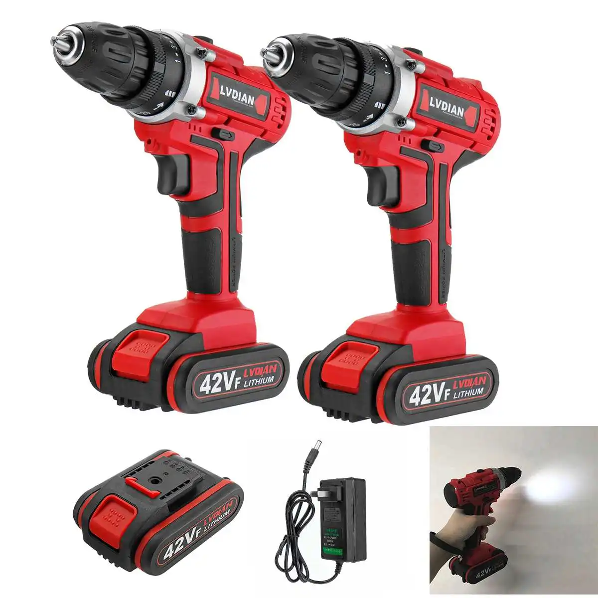 20V Электрическая Дрель аккумуляторная отвертка 110-240V 25+ 1 крутящего момента светодиодный рабочий светильник Водонепроницаемый Беспроводной дрель 2-Скорость DIY Мощность инструменты