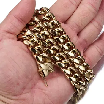 

14mm Cuban Curb Link Chain Cool Stainless Steel Pure Gold Dragon Claw Buckle Men's Women's Necklace Or Bracelet Jewelry 7-40"