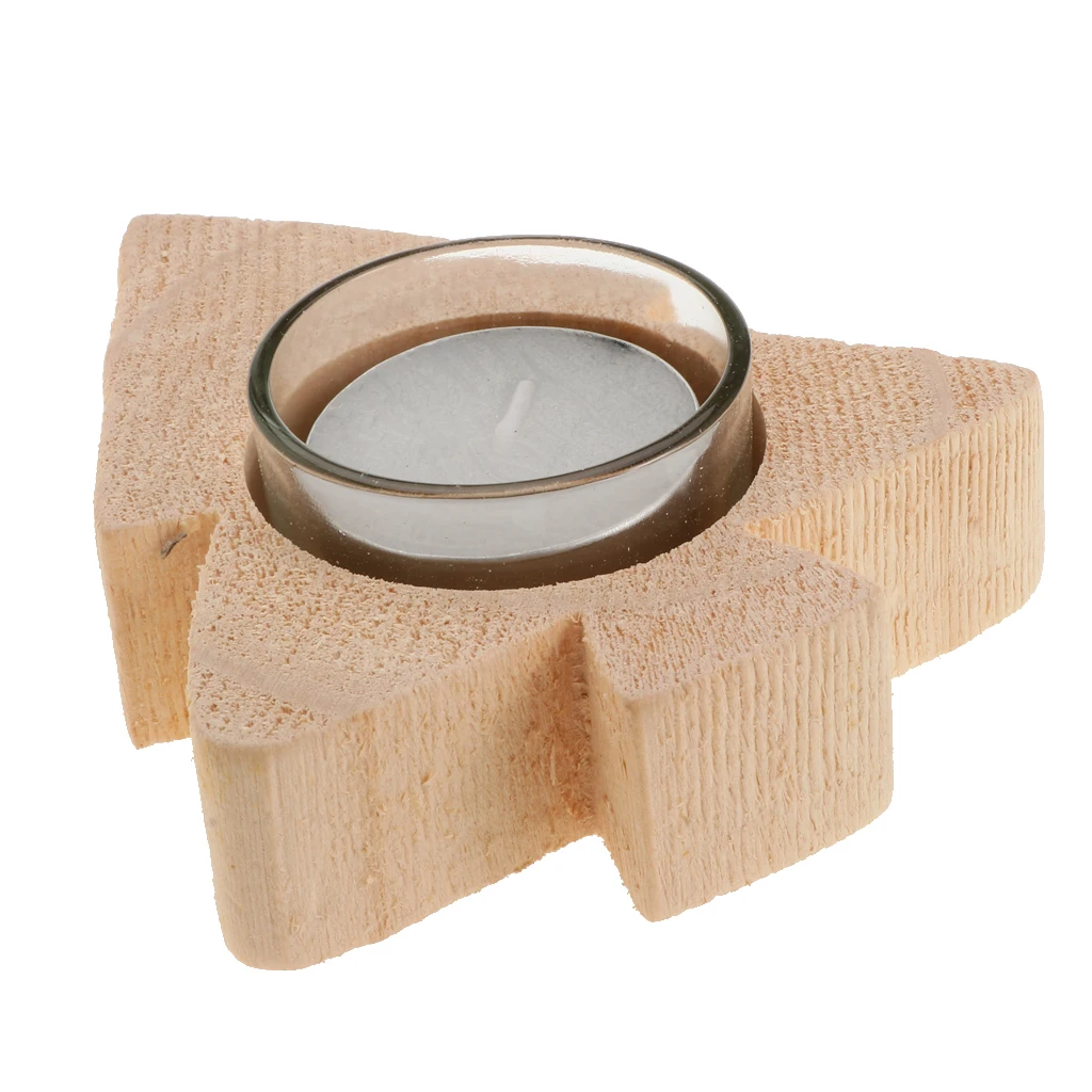 SOLID WOOD CANDLE TEA LIGHT HOLDER NATURAL XMAS WEDDING HOLIDAYS CANDLESTICK - Star, Xmas Tree, Heart Shape