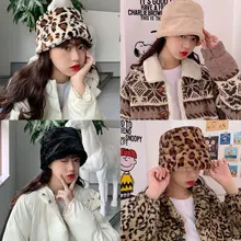 Корейская женская зимняя Толстая теплая Панама пушистая плюшевая леопардовая одноцветная Плоская верхняя шляпа с широкими полями