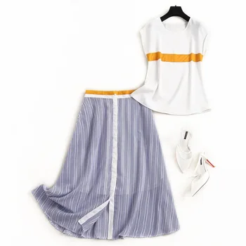 

Women a-line blue striped skirt suit summer 2020 color block chiffon tops white blouses and skirts two piece set