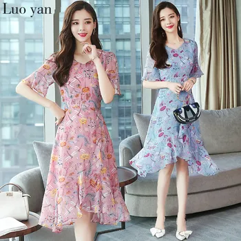 

Summer New Vintage Floral Chiffon Midi Dress Plus Size Pink Boho Dresses 2020 Elegant Women Party Short Sleeve Ruffles Vestidos