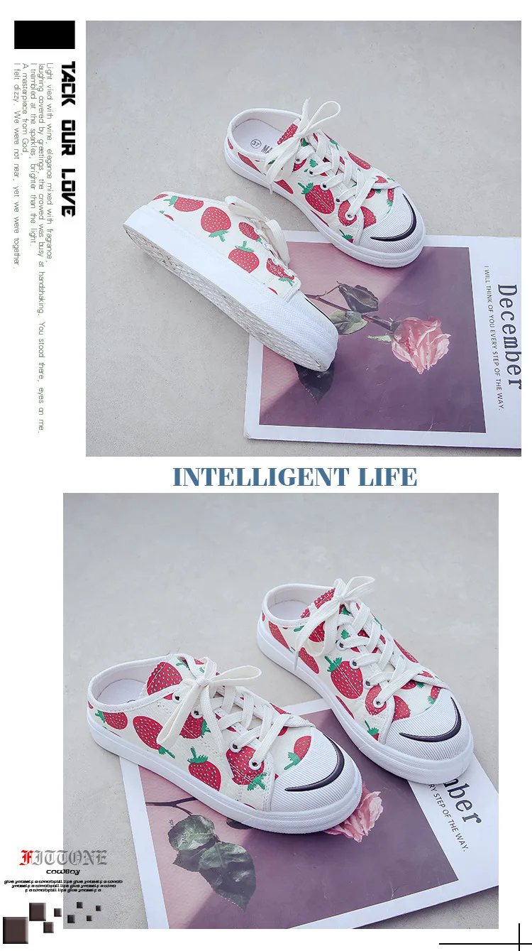 Г. Весенне-летние новые стильные белые туфли с клубничкой женские универсальные воздухопроницаемые тапочки в Корейском стиле без каблука Студенческая парусиновая обувь