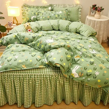 

4PCS BBSET Duvet Cover Set Green Plants and Bunny Korean Princess Style Small Fresh Bed Skirt Thick King Size Bedding Set