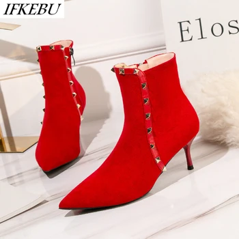 

Sexy Rivet Ankle Boots Women Zip Pointed Toe Short Boot Autumn Winter High Heels Shoes Fashion Zapatos De Mujer Big Size 34-41