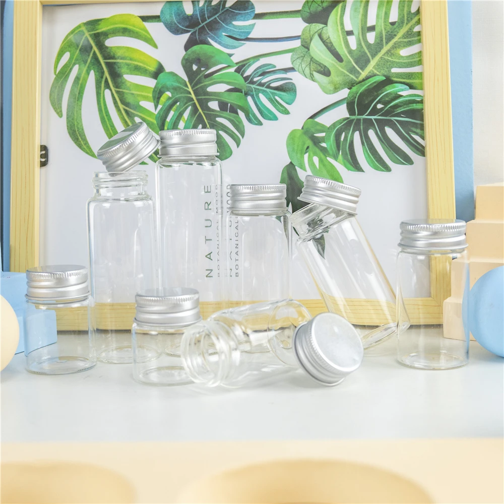 6PC 25ml 30ml 40ml 50ml 60ml 70ml 80ml 90ml Mini Glass Clear Bottle With Silver Screw Aluminum Cap Food Container Jars Vials 5