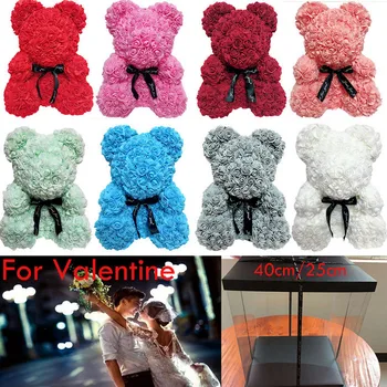 

40cm 25cm Valentine Rose Bear Heart Flower Gift For Girlfriend Birthday Wedding Artificial Party Home Decor Red Rose Teddy Bear