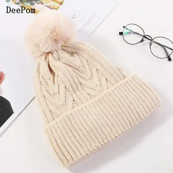 

DeePom Womens Beanie Hats Winter Knitted Cap Female Simulated Pearl Beads Ear Protecting Beanies With Pompom Bonnets Thick