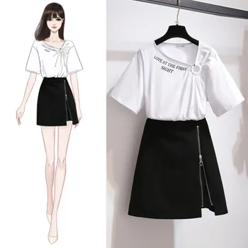 

Simple Fashion White With Black Sets Letter Ruched Hollow Cotton T-shirt and Front zipper Deco A-line Skirt Two-piece Casual Set