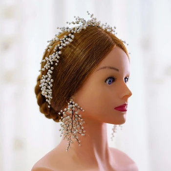 

Luxury Pearl Tiara With Earrings Wedding Accessories With Earrings Bridal Headbands Elegant Hairband Fashion Tiaras Jewelry Set