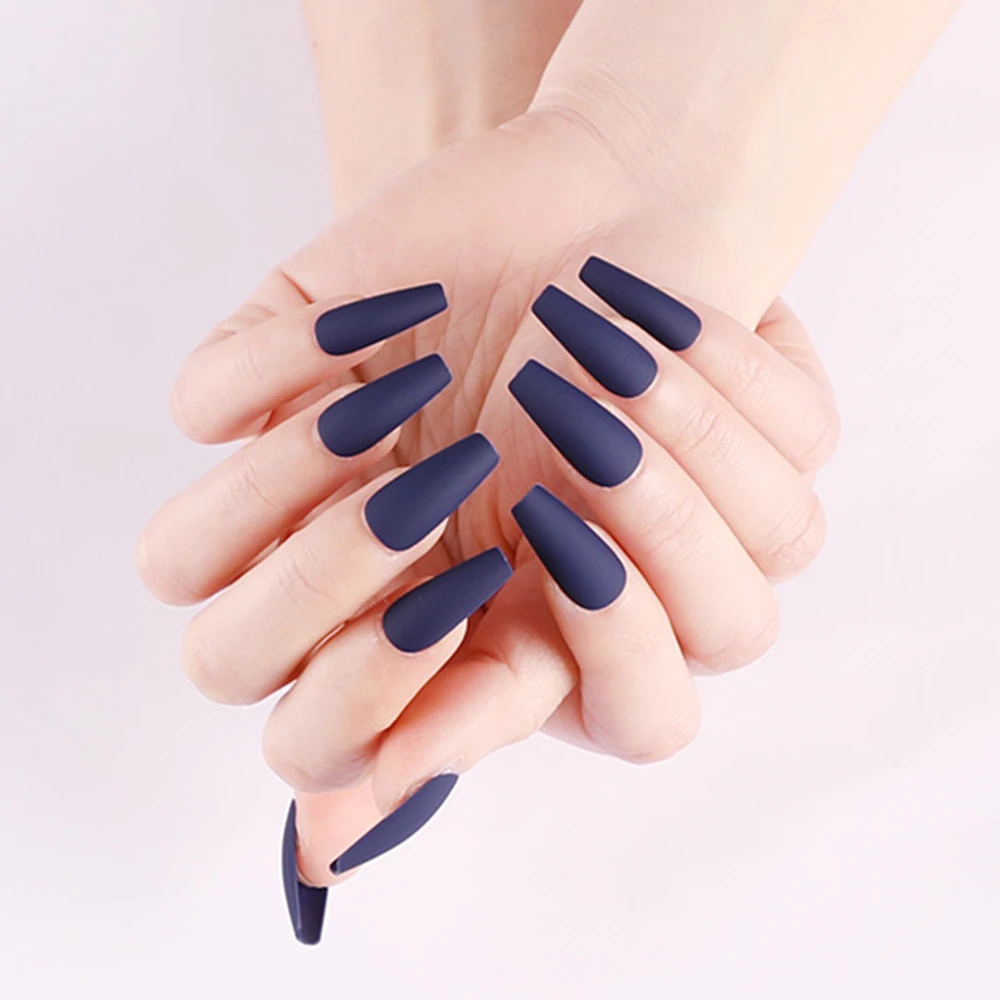 

24Pcs Matte Ballerina Coffin False Nails Navy Blue Artificial Fake Nails With Design DIY Full Cover Finger Tip For Manicure
