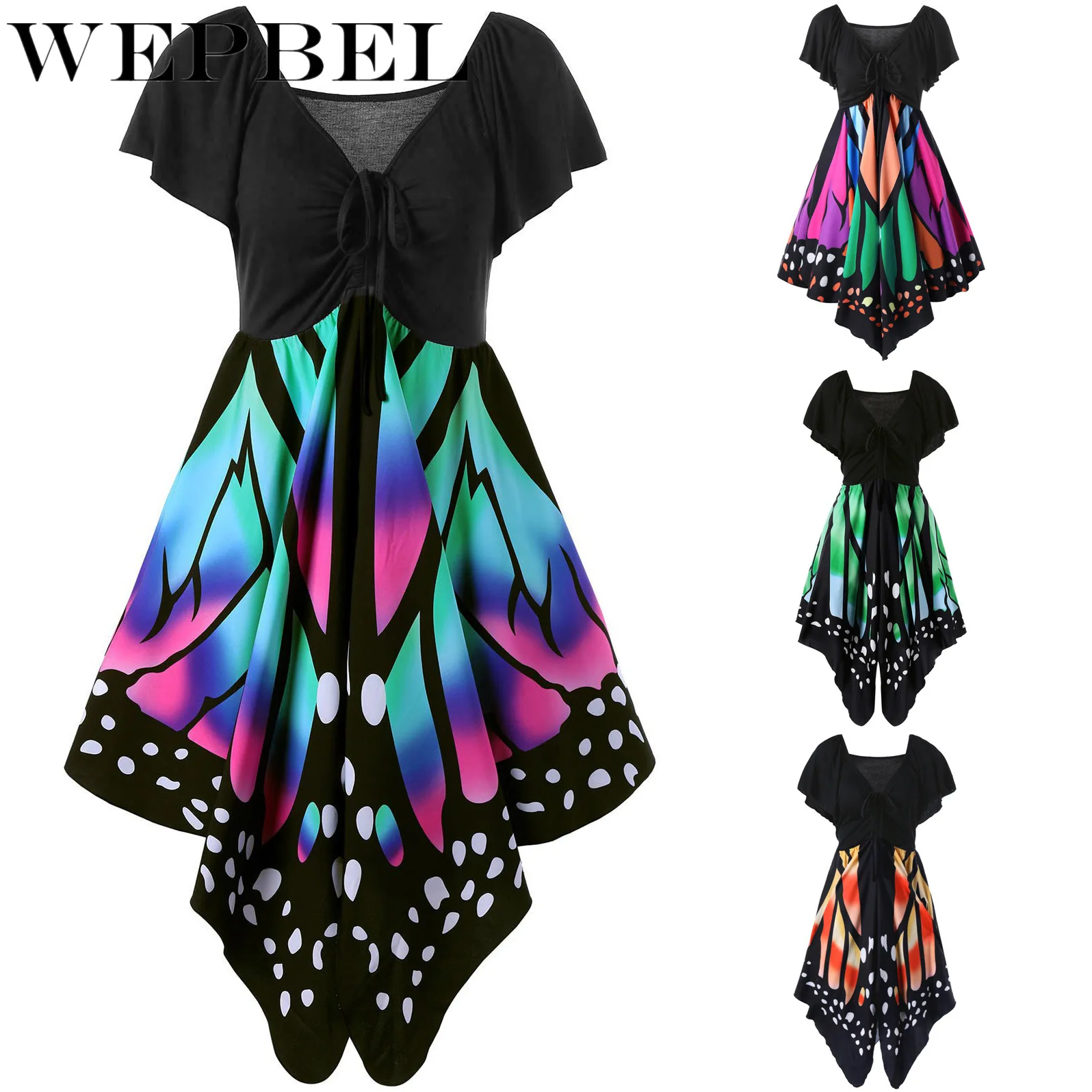 WEPBEL Women Dress Butterfly Print Lace Up Short Sleeve V Neck Midi Dresses Fashion Casual Vestidos WEPBEL Women Dress Butterfly Print Lace Up Short Sleeve V Neck Midi Dresses Fashion Casual Vestidos