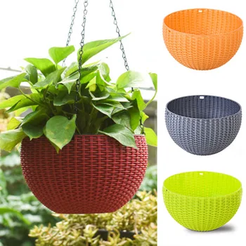 

House Hanging Basket Rattan Plastic Flower Pot Round Garden Hanging Planter for Indoor Outdoor HTQ99