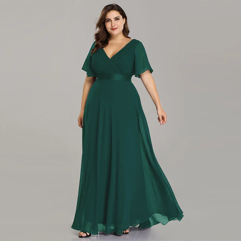 Платья для выпускного вечера размера плюс, элегантные платья трапециевидной формы с двойным v-образным вырезом и оборками, элегантные шифоновые вечерние платья для торжественных случаев - Цвет: Dark Green