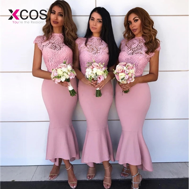 XCOS, розовый иллюзионный кружевной топ, шифоновая юбка, платье русалки, платья подружки невесты, дешево, длина до середины икры, официальное вечернее платье на заказ