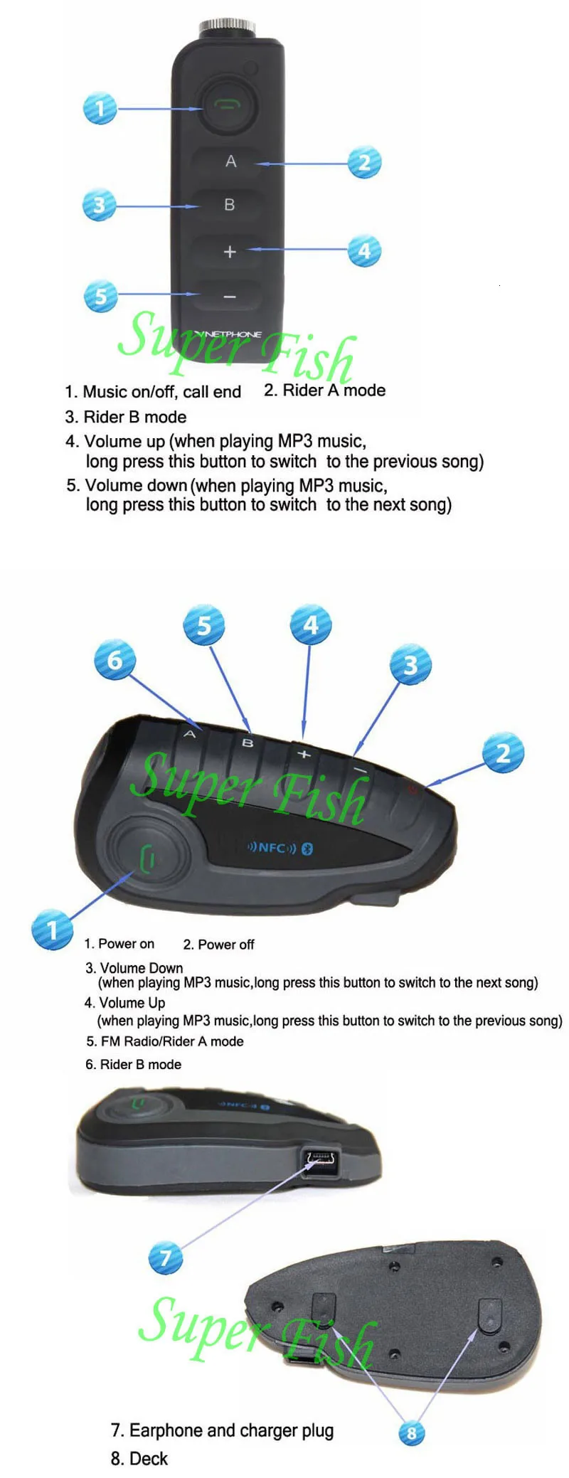 BT Intercom Motorcycle Helmet Interphone  8