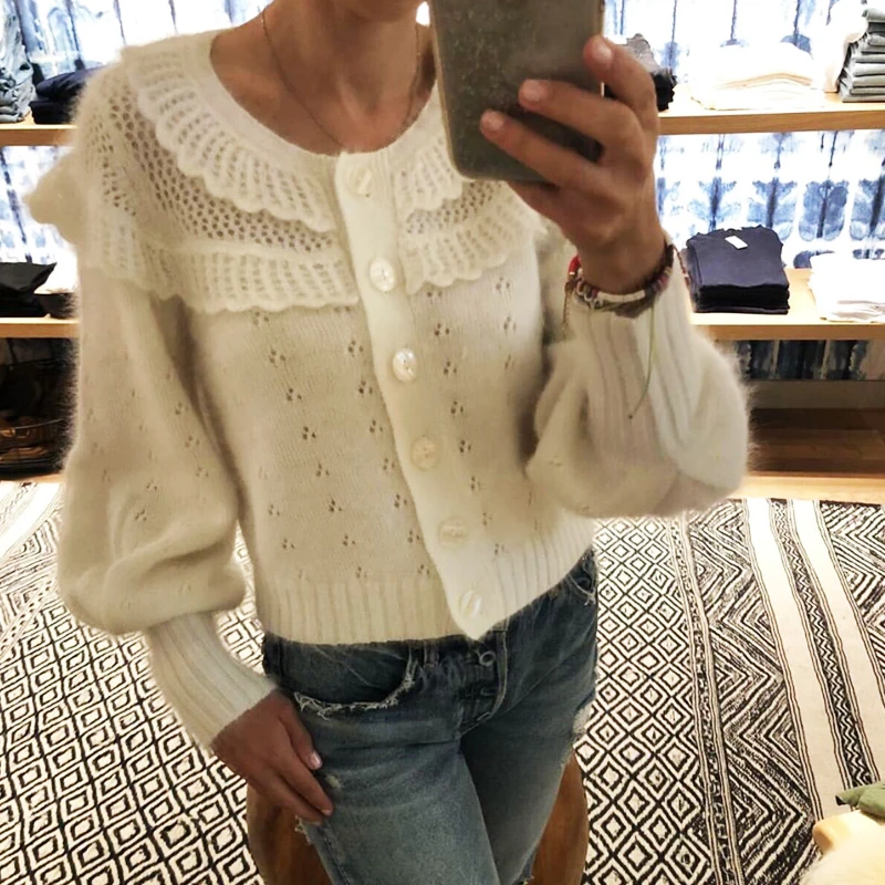 Autumn Sweater Winter Fashion Single-breasted V-neck sweater women hollow cardigan Knit Female sweet ruffles Chic Cardigan