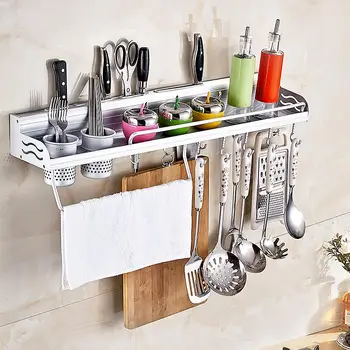 

Kitchen Utensil Storage Rack Punch-free Kitchen Shelf Space Aluminum Tool Carrier Multifunctional Storage Rack with Guardrail