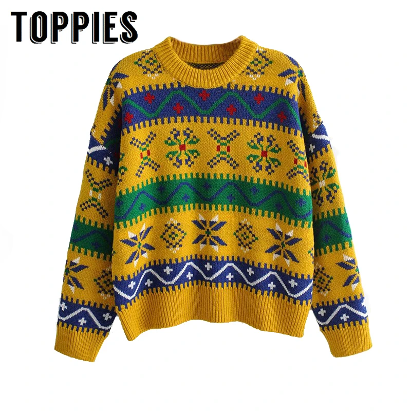 

Colourful Jacquard Knitting Sweater Women Round Neck Jumpers 2019 Fall Sweaters Student Jerseys