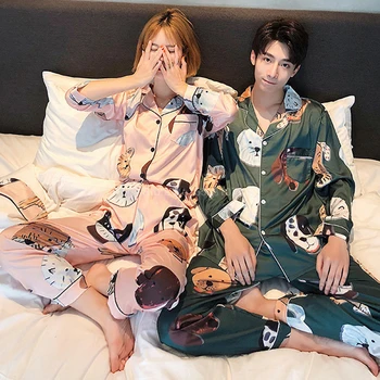 

Couples Men&Women Satin Pajamas Set 2pcs Top&Pant Dog Puppy Cartoon Silk Smooth 2020 New Spring Femme Sleepwear Nightwear PJs