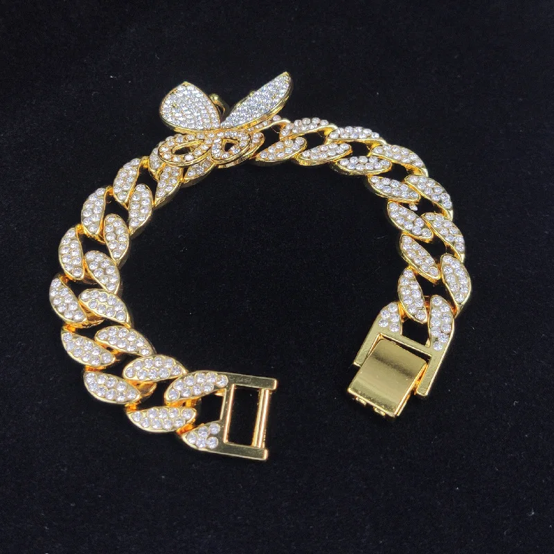 HIP Hop Bling With Butterfly Cuban Chain Iced Out Full AAA Men's Bracelet  Rhinestone Zircon Paved Bracelets For Men Jewelry