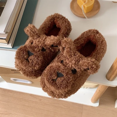 house slippers black New Cute Cartoon Dog Slippers Women Winter Warm Closed Toe Soft Furry Plush Slippers Fluffy Fur Flat Slides Kawaii Animals Shoes House Slippers medium	 House Slippers