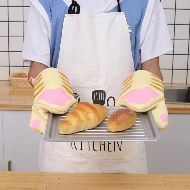 1 Pair Cartoon Animal Cat Paws Oven Mitts Heat Resistant Non-slip Long Microwave Gloves Cotton Kitchen Baking Insulation Gloves