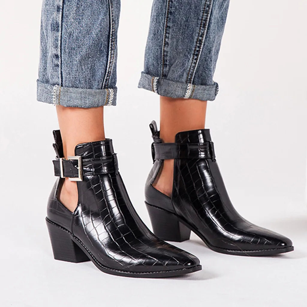 

2020 Women's Cowboy Ankle Boots Autumn Buckle Strap Pointed Sexy Short Boot Office Lady High Heel Leather Shoes England Style