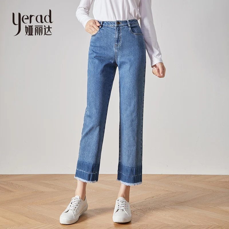 

YERAD 2019 Autumn New Straight Jeans Slim Stretchy Ankle Length Denim Pencil Pants OL Elastic Waist Trousers