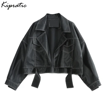 

Spring Autumn Black Open Line Decoration PU Moto Biker Women Clothing Faux Leather Jacket Ladies Short Fashion Loose Coat Tops